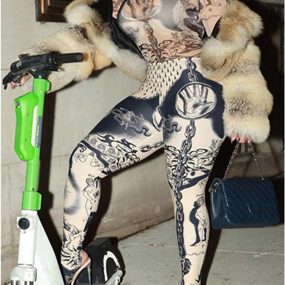Long Sleeves Printed Mesh Top High Waist Footed Slim Pants Set